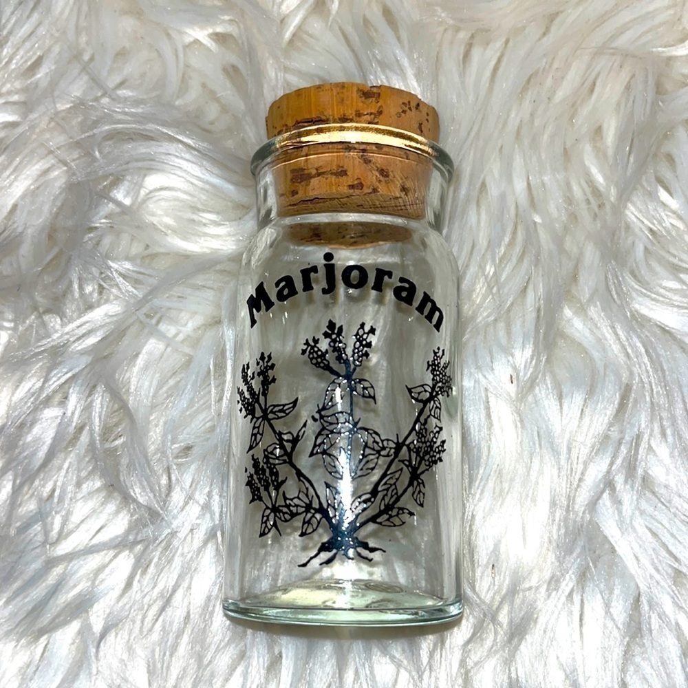 Vintage marjoram 1970s Wheaton glass spice jar.